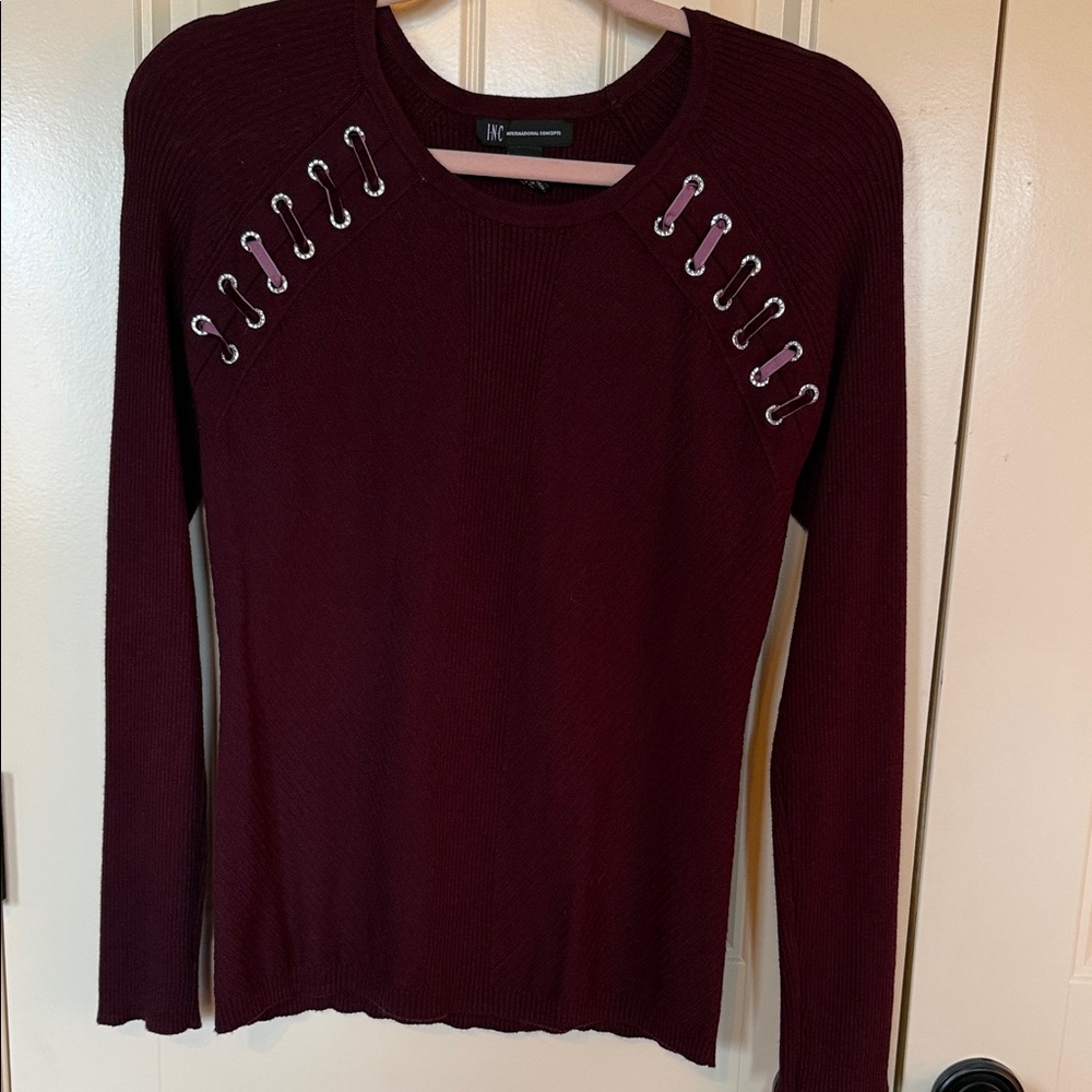 INC International Concepts Burgundy Eyelet Lace-Up Shoulder Sweater